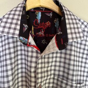 Sugar Mens Gingham Button Down Shirt Grey White Nautical Contrast Trim Large